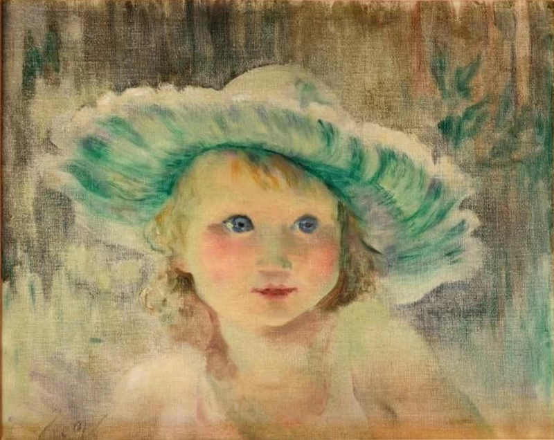 Ritratto di una bambina con un cappello verde